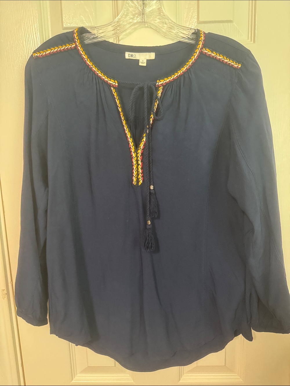 DR2 Navy Peasant Top with Multicolor Braided Trim